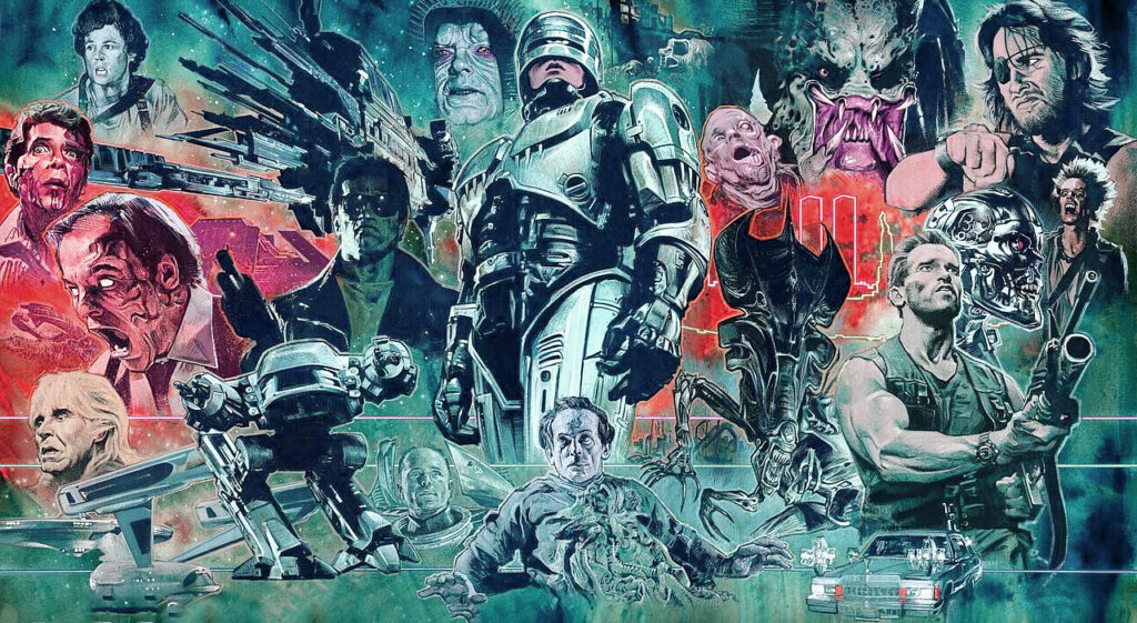 Ícones da era cyberpunk: a interseção de humanidade e tecnologia que moldou uma geração e continua a inspirar o design gráfico contemporâneo.